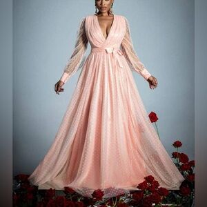 Women’s Cross V-Neck Sheer Long Sleeve Belted Dress